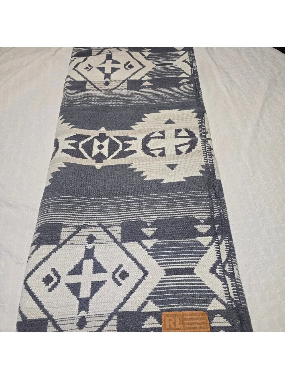 Vintage Ralph Lauren Southwest Twin Blanket Throw Aztec Blueish Grey Made in USA